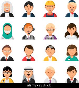Berufe Avatare. Kellner Stewardess Richter Advocate Manager Builder männliche und weibliche Berufsvektorsymbole. Illustration der Arbeitnehmer, der Frau und des Mannes. Berufe Avatare. Kellner Stewardess Richter Advocate Manager Builder männliche und weibliche Berufsvektorsymbole Stock Vektor