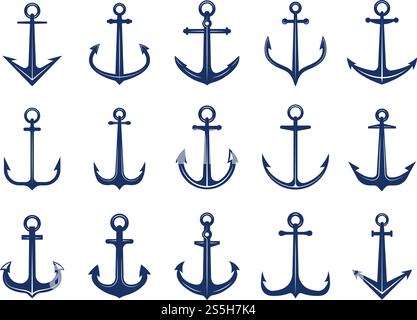 Ankersymbole im Meer. Marineblaue Symbole verankern Schiff oder Boot. Vorlage für Vector Marine Retro-Logotypen. Anchor Marine Kollektion Illustration. Ankersymbole im Meer. Marineblaue Symbole verankern Schiff oder Boot. Vorlage für Vector Marine Retro-Logotypen Stock Vektor