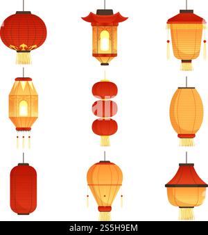 Asiatische Cartoon-Laternen. Chinesische und chinatown Festival Papiere Laternen Vektor Illustrationen. Weihnachten chinesische Elemente, china asiatisches Lampenpapier. Asiatische Cartoon-Laternen. Chinesische und chinatown Festival Papiere Laternen Vektor Illustrationen Stock Vektor