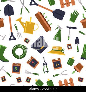 Vektor flache Gartensymbole Muster oder Hintergrund Illustration. Gießen und Wachsen, Rechen und Gartenscheren. Vektor flache Gartensymbole Muster oder Hintergrund Illustration Stock Vektor