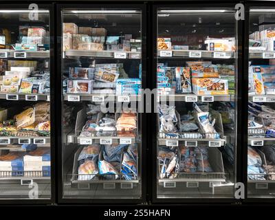 Italien - 14. Januar 2025: Fisch und Lebensmittel in Verpackungen gefroren in den Vitrinen des Aldi-Supermarktes Stockfoto