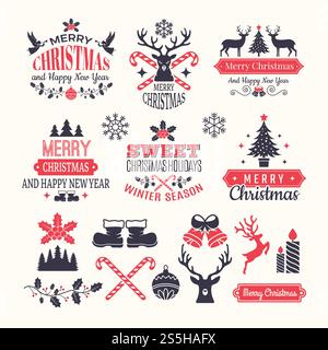Etiketten für Weihnachtsfeiertage. Vintage-Winter-Abzeichen und -Logos mit verschiedenen Schnee-Neujahrsvektorelementen und Platz für Ihren Text. Frohe Weihnachten Logo, Abzeichen Feier, Grußfeiertag Abzeichen Illustration. Etiketten für Weihnachtsfeiertage. Vintage-Winter-Abzeichen und -Logos mit verschiedenen Schnee-Neujahrsvektorelementen und Platz für Ihren Text Stock Vektor