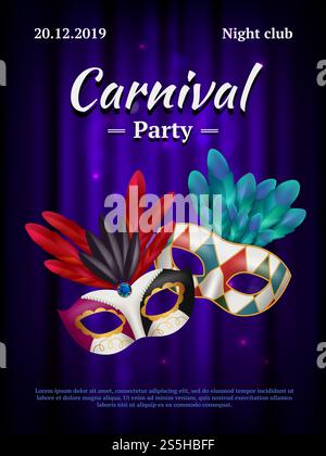 Karnevalsplakette. Maskerade Poster Einladung mit venezianischer Party Maske Schönheit realistische Vektorbilder. Illustration der Maskerade Karnevalseinladung, Banner und Plakatvorstellung. Karnevalsplakette. Maskerade Poster Einladung mit venezianischer Party Maske Schönheit realistische Vektorbilder Stock Vektor