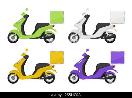 Motorradfarbe. Ansichten von Lieferservice Transport Roller oben Seite hinten und unten 3D Bilder isoliert. Vektor-Roller-Lieferung, Motorrad-Service, Motorrad für Pizza-Illustration. Motorradfarbe. Ansichten von Lieferservice Transport Roller oben Seite hinten und unten 3D Bilder isoliert Stock Vektor