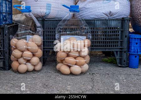 Zwei Plastikbehälter mit Eiern befinden sich auf dem Boden. Die Eier befinden sich in Plastiktüten und sind übereinander gestapelt Stockfoto