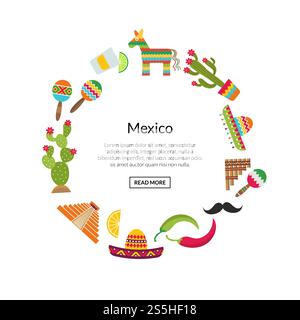 Vektor-Ebene Mexiko-Attribute in Kreisform mit Platz für Textabbildung. Vektorflaches Mexiko-Attribut in Kreisform Stock Vektor