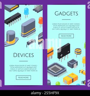 Elektronikkarten. Vektorisometrische Mikrochips und elektronische Teile Icons Webbanner Vorlagen Illustration. Elektronikkarten. Vektor-Mikrochips und elektronische Teile Stock Vektor