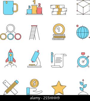 Farbige Startsymbole. Geschäftsplan perfekte Innovationsidee Träume Unternehmertum Investoren Vektor lineares Symbol isoliert. Symbole für die Strategieentwicklung starten, Abbildung für Finanzierungsprojekte. Farbige Startsymbole. Geschäftsplan perfekte Innovationsidee Träume Unternehmertum Investoren Vektor lineares Symbol isoliert Stock Vektor