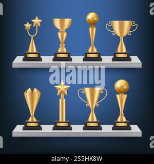 Auszeichnungen Regale. Trophäen Medaillen und Cups auf Bücherregal Vektor realistisches Konzept der Gewinner von Sportwettbewerben. Trophäenbecher für Gewinner, Illustration des Erfolgspreises. Auszeichnungen Regale. Trophäen Medaillen und Cups auf Bücherregal Vektor realistisches Konzept der Gewinner von Sportwettbewerben Stock Vektor