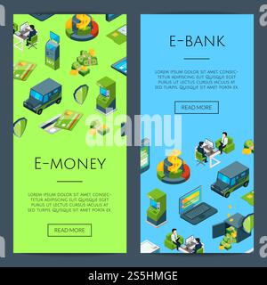 Vektor isometrischer Geldfluss in Banksymbolen Webbanner Vorlagen Illustration. Isometrischer Vektor-Geldfluss in Banksymbolen Stock Vektor