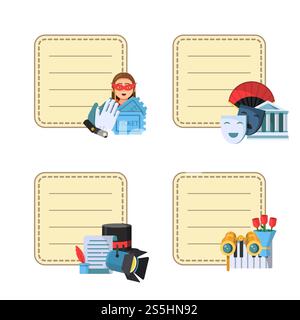 Vektor flache Theater-Symbole Aufkleber mit Platz für Notizen Text Set Illustration. Vektor-Flachbild-Theater-Symbole Aufkleber mit Platz für Notizen Texte Stock Vektor