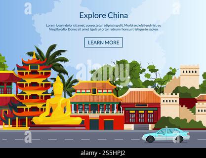 Vektor flache Art china Elemente und Sehenswürdigkeiten Hintergrund Illustration mit Platz für Text. Architektur china Gebäude, Pagode chinesisch. Vektor flache Art china Elemente und Sehenswürdigkeiten Hintergrund Illustration mit Platz für Text Stock Vektor