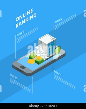 Vektor-isometrischer Geldfluss in Banksymbolen Infografik-Konzeptabbildung. Mobile Online-Bank, isometrisches Banking auf Smartphone. Vektor-isometrischer Geldfluss in Banksymbolen Infografik-Konzeptabbildung Stock Vektor