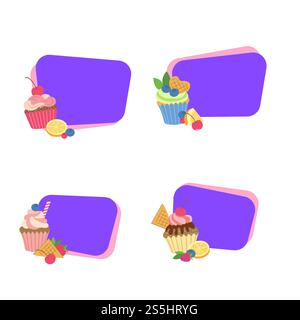 Vektor nette Cartoon Muffins oder Cupcakes Aufkleber mit Platz für Text Set Illustration. Vektor süße Cartoon Muffins oder Cupcakes Aufkleber Stock Vektor