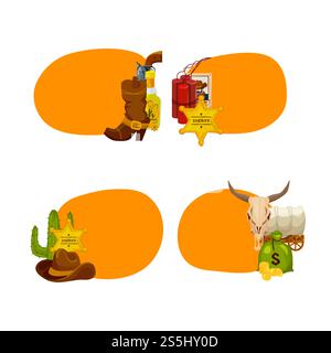 Vektor-Cartoon wilde Westen Elemente Aufkleber mit Platz für Text Set Illustration isoliert auf weißem Hintergrund. Vektor-Zeichentrickfilm Wild West Elements Aufkleber isoliert Stock Vektor