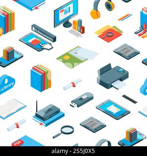 Vektorisometrische Online-Bildungs-Symbole Muster oder Hintergrund-Illustration. Farbiges Buch und Computer. Vektorisometrische Online-Bildungs-Symbole Muster oder Hintergrund-Illustration Stock Vektor
