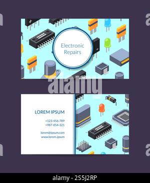 Vektorisometrische Mikrochips und Symbole für elektronische Teile Visitenkarten-Vorlage für Reparaturservice-Illustration. Illustration des Vektor-Mikrochips und des Reparaturservice für elektronische Karten Stock Vektor