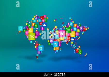 World Map aus Desktop-Apps-Symbolen. Cloud-Computing-Konzept isoliert auf blauem Hintergrund. 3D-Abbildung. World Map aus Desktop-Apps-Symbolen Stockfoto