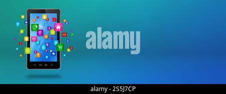 Fliegende Symbole um ein Smartphone herum. Cloud-Computing-Konzept. 3D-Illustration isoliert auf blauem Hintergrund. Fliegende Symbole um ein Smartphone herum. Wolke Stockfoto