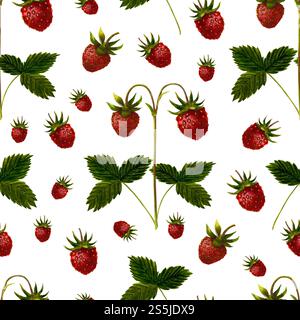 Nahtloser Hintergrund Erdbeeren Muster, botanische Illustration von Aquarell. Stockfoto