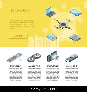Vektorisometrische Gadgets Symbole Landing-Page-Vorlage für Website- oder Webseiten-Illustration. Vektor-Isometrie Gadgets Symbole Landing-Page-Vorlage Illustration Stock Vektor