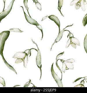 Nahtloses botanisches Muster in Aquarellen mit Schneeglöckchen, Krokus und zarten Frühlingsblüten. Illustration des Hintergrunds für Hochzeittapete, Chi Stockfoto