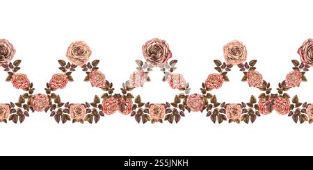 Nahtloser Blumenrand. Rosafarbene Rosen mit grünen Blättern. . Rosa-braune Farben in der Mokka-Mousse-Palette. Handgezeichnetes botanisches Clipart für Weddin Stockfoto