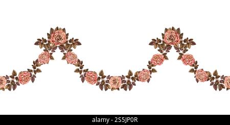 Nahtloser Blumenrand. Rosafarbene Rosen mit grünen Blättern. . Rosa-braune Farben in der Mokka-Mousse-Palette. Handgezeichnetes botanisches Clipart für Weddin Stockfoto