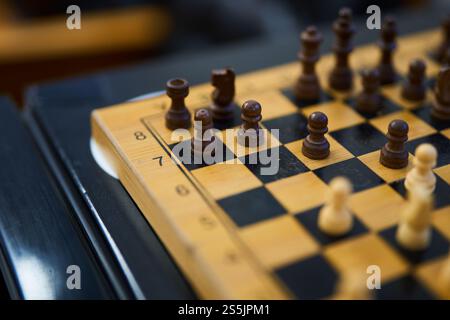 Schachspiel auf einem Holzbrett in ruhiger Umgebung Stockfoto