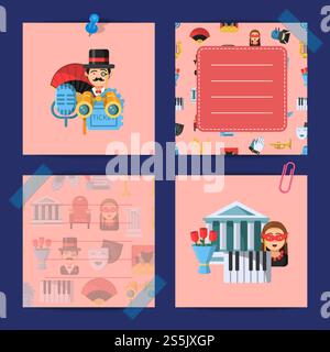 Vektor-Flachtheater-Symbole niedliche Notizen der Set-Vorlage-Illustration. Vektor Flachtheater Symbole Notizen Set Illustration Stock Vektor