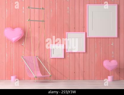 Modell des Posterrahmens auf Holzboden valentinskunst modernes Interieur hinter dem Stuhl im Wohnzimmer mit dem Ballon in Liebesform isoliert auf Licht Stockfoto