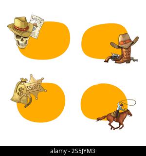 Vektor Hand gezeichnete Wild West Cowboy Elemente Aufkleber mit Platz für Text Set Illustration. Vektor Hand gezeichnete wilde West Cowboy Aufkleber Stock Vektor