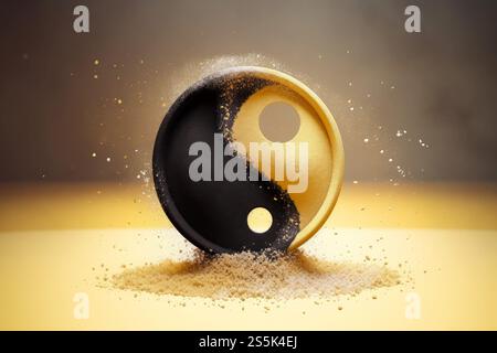 Yin Yang auf Wüstensand. Luxus aus Metall. Ai Generieren Stockfoto