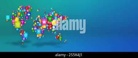 World Map aus Desktop-Apps-Symbolen. Cloud-Computing-Konzept isoliert auf blauem Hintergrund. 3D-Abbildung. World Map aus Desktop-Apps-Symbolen Stockfoto