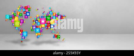 World Map aus Desktop-Apps-Symbolen. Cloud-Computing-Konzept isoliert auf weißem Hintergrund. 3D-Abbildung. World Map aus Desktop-Apps-Symbolen Stockfoto