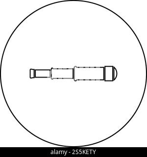 Spyglass Monokular Teleskop Objektiv Symbol im Kreis rund Umriss schwarz Farbe Vektor Illustration flache Art einfaches Bild. Spyglass Monokular Teleskop Objektiv Symbol in Kreis rund Umriss schwarz Farbe Vektor Illustration flache Stil Bild Stock Vektor