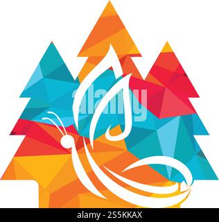 Design mit Tannenbaum und Schmetterlingslogo. Modernes Grafikdesign Logo Öko Spa Firma Beauty Ecology Konzept glatte Form Vektor Icon Logo. Stock Vektor