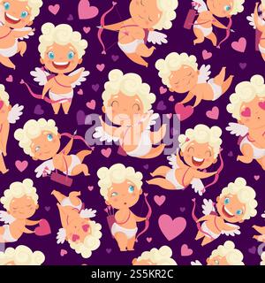 Nahtloses Engelsmuster. Liebe Valentinstag rosa Herzen nette Engel mit Bogen Vektor Zeichentrickfiguren Hintergrund. Illustration von valentinsengel und Amour-Charakter. Nahtloses Engelsmuster. Liebe Valentinstag rosa Herzen nette Engel mit Bogen Vektor Zeichentrickfiguren Hintergrund Stock Vektor