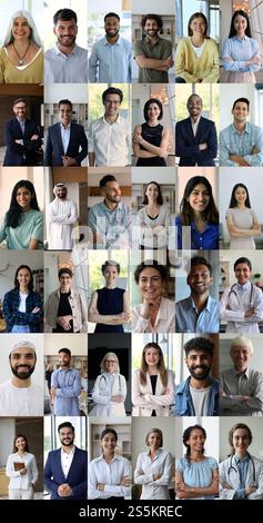Collage zeigt verschiedene Generationen, ethnische Zugehörigkeit und Berufsgruppen, die sich drinnen posieren Stockfoto
