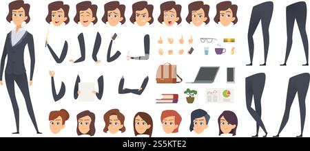 Animation für Geschäftsleute. Creation Kit weibliche Manager Körperteile und Office Tools Vektor Charakterkonstruktor. Geschäftsfrau und Geschäftsfrau Gesicht und Pose Illustration. Animation für Geschäftsleute. Creation Kit weibliche Manager Körperteile und Office Tools Vektor Charakterkonstruktor Stock Vektor