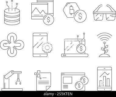 Business- und Technologiesymbole. Software-Programm synchronisiert Internet-Netzwerkaufbau dünne Linien Symbole isoliert. Futuristische Technologie, Kryptowährung und Automatisierungsroboter. Vektorabbildung. Business- und Technologiesymbole. Software-Programm synchronisiert Internet-Netzwerkaufbau dünne Linien Symbole isoliert Stock Vektor