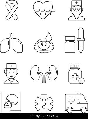 Symbole für die Gesundheitsvorsorge. Medizinische Schlaganfallsymbole verschreibungspflichtiger Arzt im Krankenhauslabor Klinik Gesundheitsmedikamente Vektorbilder. Illustration des Arztes, Laborsymbole für Krankenhaus. Symbole für die Gesundheitsvorsorge. Medizinische Schlaganfallsymbole verschreibungspflichtiger Arzt im Krankenhauslabor Klinik Gesundheitsmedikamente Vektorbilder Stock Vektor