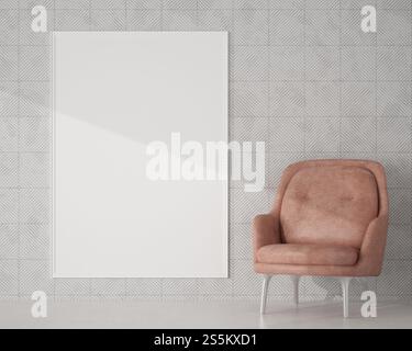 3D-Illustration, Innenarchitektur für Ruheecke oder Wohnzimmer mit leerem Rahmen und Stoffstuhl, Perspektive in minimalem Stil, Rendering Stockfoto