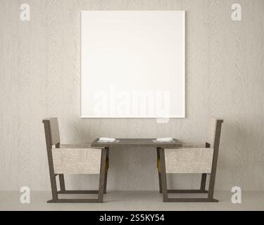 3D-Illustration, Innenarchitektur für Ruheecke oder Esszimmer mit Tisch und zwei Stühlen mit leerem Rahmenmodell, Perspektive im minimalen Stil, Stockfoto