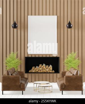 3D-Illustration Inneres Wohnzimmer mit Kamin im neoklassischen Stil. Mit Ledersofa und nachgeordnetem Bilderrahmen, Deckenlampe zum Aufhängen Stockfoto