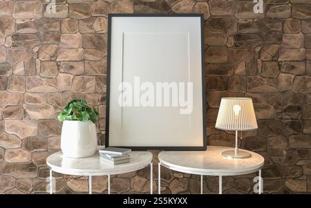 3D-Illustration Innenposter Mockup Rahmen stehen auf dem Schreibtisch im skandinavischen Stil Wohnzimmer mit Pflanztopf. Steinwand im Hintergrund, 3D-Rendering. Stockfoto
