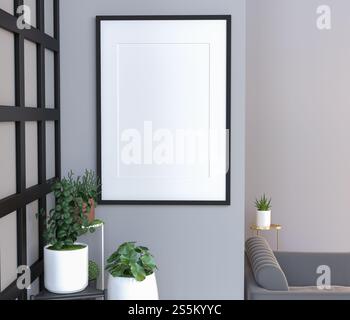3D-Illustration Innenposter Mockup Rahmen hängen über einem Sofa im Wohnzimmer im skandinavischen Stil. 3D-Rendering. Stockfoto