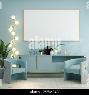 3D-Illustration Innenposter Mockup Rahmen hängen an pastellfarbenen Wänden über Schublade, dekoriertes Zimmer mit Beleuchtung Lampe und Sessel mit Blau Stockfoto
