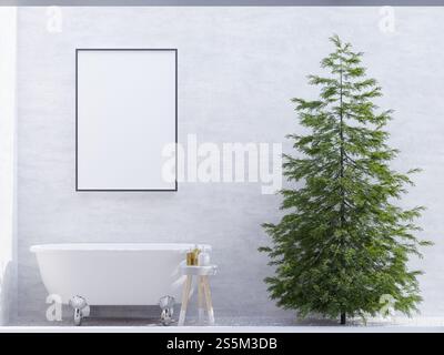 3D Illustration Mockup Fotorahmen auf weißer Wand über Badewanne im offenen Badezimmer, dekoriert mit komfortabler Ausrüstung auf dem Boden mit Pflanze im Hafen, Stockfoto