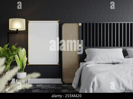 3D-Illustration Mock Up Posterrahmen im Schlafzimmer Innenraum, dekoriert mit schönen und komfortablen Möbeln, Rendering Stockfoto